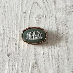 Vintage Wedgwood Brooch, Gold Filled and Green Jasperware w Allegorical Relief